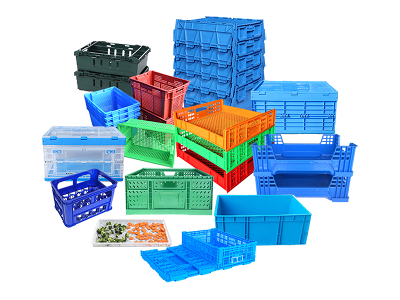 Stackable and collapsible plastic crates for reusable logistics