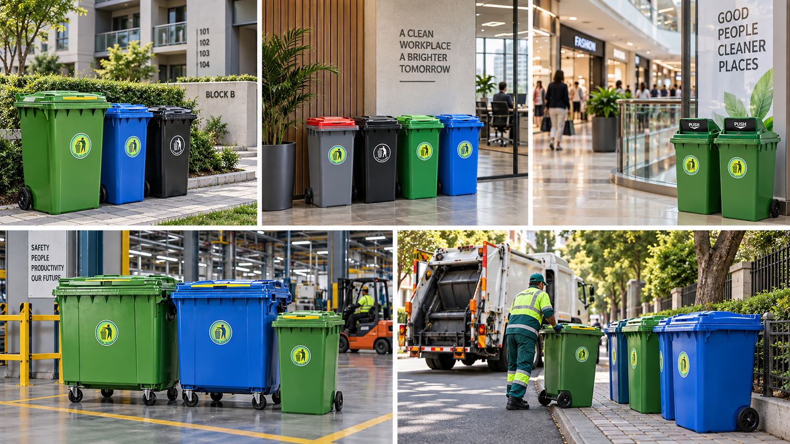 Plastic waste bins for residential, commercial and municipal applications